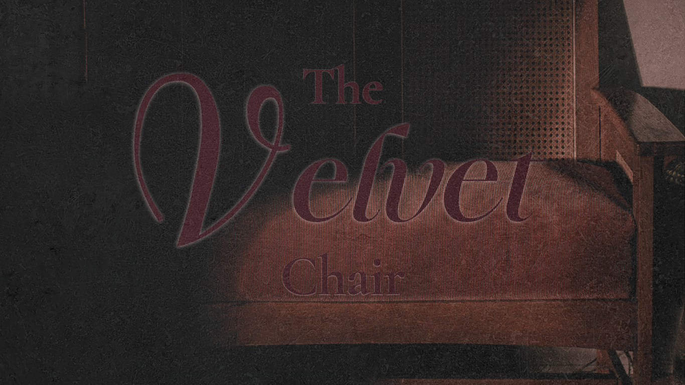 Mauve velvet chair with a dark background and The Velvet Chair logo