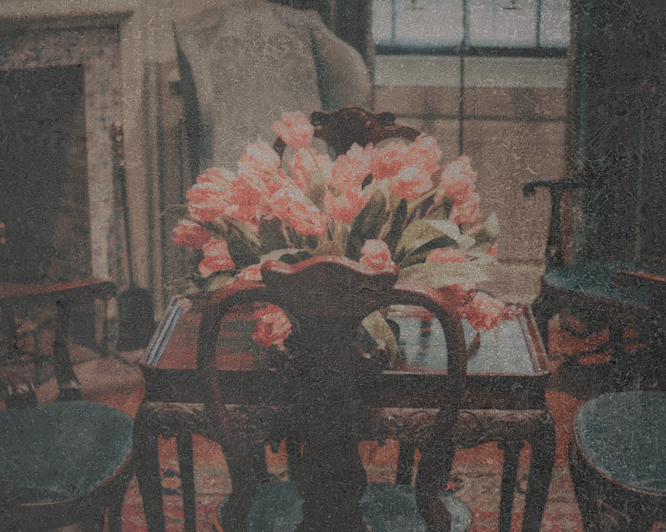 Vintage-style image of a dining room with a vase of pink flowers on a table.